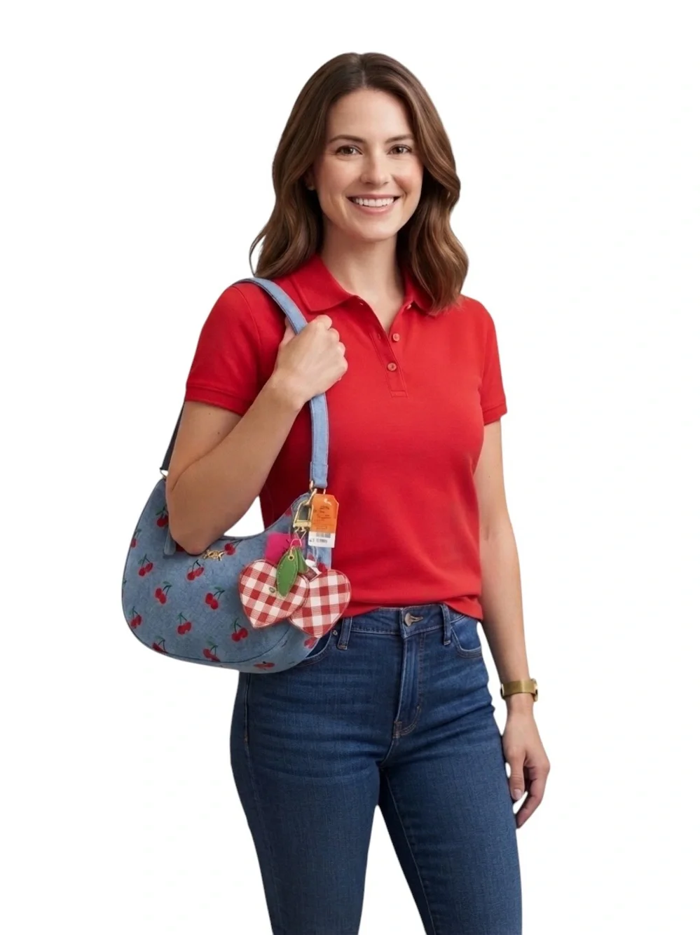 Betsey Johnson Light Denim Blue XONORTHY Cherry Shoulder Bag with Gold Hardware